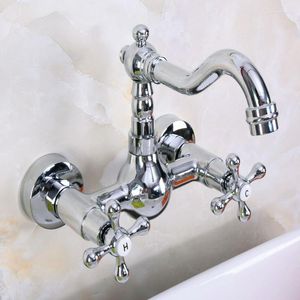 Bathroom Sink Faucets Basin Chrome Brass Wall Mounted Kitchen Faucet Dual Handle Swivel Spout Cold Water Tap Knf968