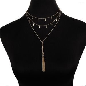 Chains Punk Ethnic Style Crystal Tassel Moon And Star Engraved Bar Layered Chain Necklace For Women Fashion Jewelry