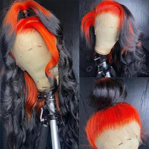 Cabelo Humano Feminino Perucas Capless Sintético Ombré Gengibre Cor de Laranja Frente de Renda para Corpo Humano Transparente Cabelo Ondulado Peruca Pré Depilada 180% 1