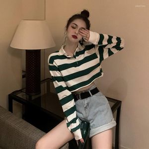 Women's T Shirts Women's Striped T-Shirt Korean Style Lapel Long Sleeve Loose Cropped Tops 2023 Spring Casual Shirt Female