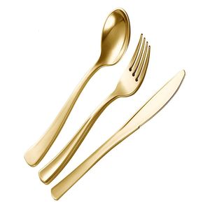 Disposable Flatware 75 Pieces Gold Plastic Silverware- Set-Heavyweight Cutlery- Includes 25 Forks 25 Spoons 25 Knives 230216