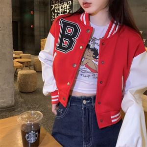 Women's Jackets Brown Baseball Fashion Fall For Women Patchwork Button Black Crop Top Coats Red Varsity Bomber Jacket 230216