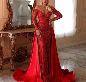 Red Mermaid Prom Dresses Long Sleeves V Neck Pearl Lace Appliques Sequins Beaded Floor Length Celebrity Satin Detachable Train Evening Dresses Plus Size Custom Made