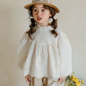 Çocuklar dantel içi boş nakış gömlek kızlar fırfır yakalı uzun kollu prenses bluz bahar çocuklar tüm eşleştirme kıyafetleri z0255