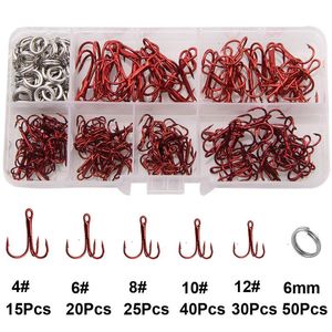 Fishing Hooks 180pcs/Box Treble Tackle Kit High Carbon Steel Round Bend With Stainless Double Split Rings