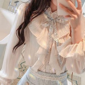 Women's Blouses Woman Spring Summer Stand Collar Pleated Chiffon Shirt Long Trumpet Sleeve Sequins Bowtie Ruffled Crop Tops Blusas 2023