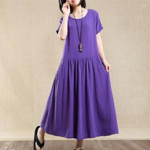 Plus Size Dresses 2023 Original Vintage Loose Solid Cotton Linen Dress For Female Autumn Long Gown Striped Maxi Party