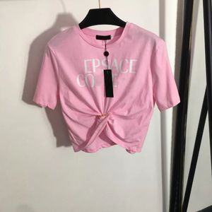 23 designers t-shirts mode t skjortor kvinnor nya alfabetet tryck stift tucked midje stil skörd korta ärm toppar tees t-shirt damer topp klänning vit rosa svart sml