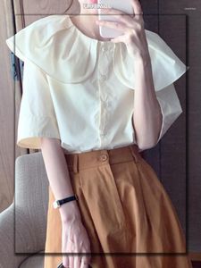 Damenblusen, niedliche, schicke Oberteile, Damen-Sommer-Puffärmel, süßer Lolita-Japan-Stil, Patchwork, solide Arbeit, einreihige Knöpfe, weiße Hemden