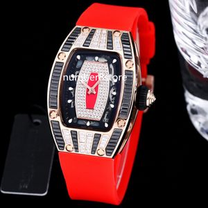 Rose Gold 007 Diamonds Automatic Womens Watch Tonneau Ladies Watches Black White Diamond Sapphire Crystal Luxury Wristwatch Water Resistance Rubber Strap