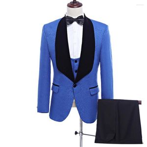 Män kostymer män ankomst sjal lapel man mönster blå brudgum tuxedos bröllop/prom 3 stycken (jacka byxor väst slips) e88