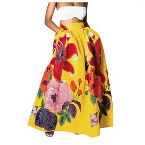 Skirts Women Bohemian Floral Print Skirt 2023 Vintage High Waist A-Line Female Fashion Casual Loose Beach Pocket Long Maxi