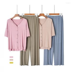 Kvinnors sömnkläder fast kontrastfärger Bomull Pyjamas Modal Womens Cardigan kläder med knappar Kort ärmbyxor Kvinnor V-ringning Pijama