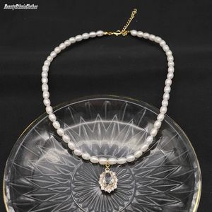 Kedjor Retro White Freshwater Pearls Halsband Handgjorda pärlstav lång kedja med zirkonhänge kvinnor mode smycken 45cmchains