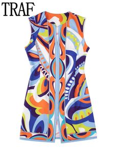 Sukienki swobodne Traf Print Boho Short Woman Bez rękawów Bohemian Women Fashion Beach Summer Female 230217