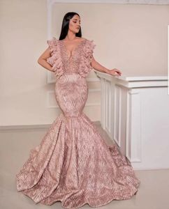 Arabic Aso Ebi Mermaid Evening Occasion Dresses 2023 rose Gold Ruffles V-neck Gillter Sequins Beaded Prom Gown Abendkleid