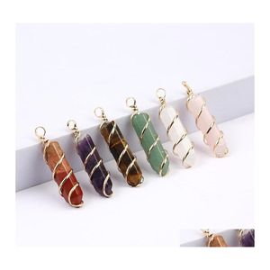 Charms Gold Wire Wrap Natural Stone Green Pillar Shape Chakra Pendants For Jewelry Making Wholesale Handmade Craft hela droppe DEHPM0