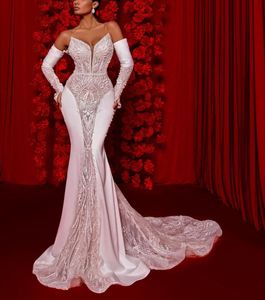 Luxury Mermaid Wedding Dresses Long Sleeves V Neck 3D Lace Satin Appliques Sequins Beaded Diamond Floor Length Sparkly Plus Size Elegant Bridal Gowns abiti da sposa