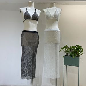 Tvådelad klänning H80 S90 Fashion Sexig bling diamnond mesh ihålig ut Holiday bodycon halter justerbar topp bh kjol 230216