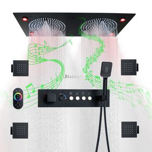 Matt svart LED -duschsystem 620*320mm RUNDUSHUSH Huvud med musikhögtalare Termostatisk badrums duschkranuppsättning
