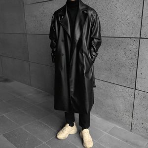 Jackets masculinos Primavera outono Longo Black Black Garsels Faux Leather Trench Coat Casacos de cinto de ombro para inverno grosso M5XL 230217
