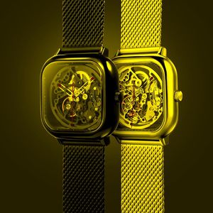 腕時計シガーデザインスケルトンメンズはスクエアクロックラグジュアリーサファイアグラスオートマニックメカニカルホローブラックシルバーギフトライストウォッチ
