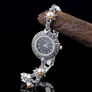 Armbandsur ankomstbegränsad utgåva S925 Pure Silver Watch Natural Pearls Lady Thai Armband Fine Jewelry Rhinestone Bangle Watchwristwatch