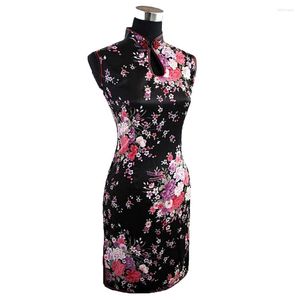 Sukienki swobodne czarne chińskie kobiety jedwabny rayou cheongsam stylowy lato mini qipao sukienka kwiat s m l xl xxl mjeres vestido J5024