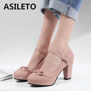 Dress Shoes ASILETO Large size 45 46 Women Strap Pumps Nude Bows Platform High Heels Round Toe Party Wedding Shoes Bridal Stilettos Black L230216