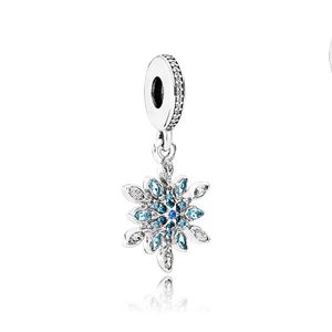 Sparkling Blue Snowflake Dangle Charm 925 Sterling Silver for Pandora Women Jewelry Snake Chain Bracelet Necklace Making Accessories Charms Set with Original Box