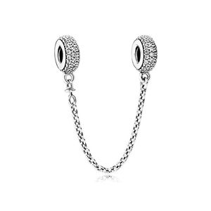 CZ Diamond Pave Safety Chain Charm 925 Sterling Silver for Pandora Jewelry Snake Chain Bracelet Bangle Making Accessories Link Rose Gold Charm with Original Box Set