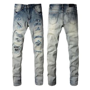 Дизайнерские мужские джинсы фиолетовые джинсы High Street Hole Star Star Patch Men's Womens Am Star Emelcodery Denim Jeans Etrain Slim-Fit Blouns True Jeans 35275