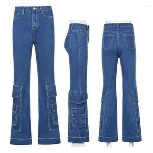 Women's Jeans Women Cargo Pants Big Pocket Flared Female High-Waist Denim