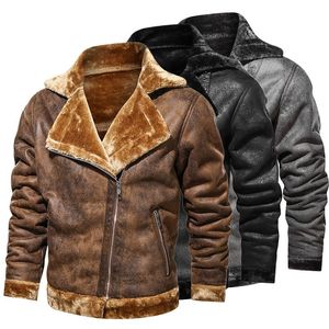 Men's Jackets Winter Men Fur Collar PU Leather Jacket Brown Vintage Coat Male Fleece Thicken Bomber Coats Outwear Streetwear Windbreaker 230217