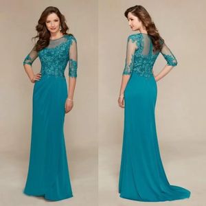 Elegante blaugrüne Kleider für die Brautmutter, lange, einfache Hochzeits-Party-Kleider für Bräutigam, Mutter, Frauen, Abschlussball-Abendkleid, Halbärmel, Spitzenapplikation