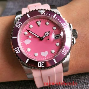 Kol saatleri 40mm pembe kadran safir cam 24 mücevherler orijinal nh35a otomatik saat lastik bandı dönen bee romantik domuz desen