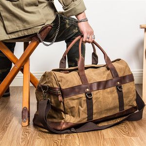 Vintage-Gepäcktasche aus gewachstem Segeltuch für Herren, echtes Leder, große Reisetaschen, Reisetasche fürs Wochenende, zum Mitnehmen über Nacht, M106233O