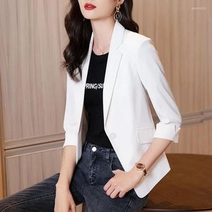 Women's Suits Spring Summer Button Pocket Notched Blazer Women Clothing Thin Three Quarter Sleeve Office Suit Jacket Fashion Short Tops