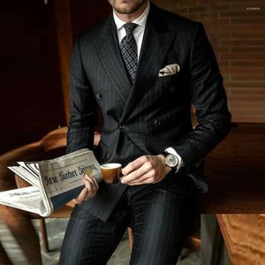 Men's Suits Black Stripe Men Double Breasted Blazer Latest Coat Pant Designs Slim Fit 2 Piece Tuxedos Custom Made Groom Prom Ternos