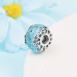 Perle in vetro di Murano con fiocco di neve blu invernale in argento sterling 925 adatte a braccialetti con ciondoli stile Pandora per gioielli europei
