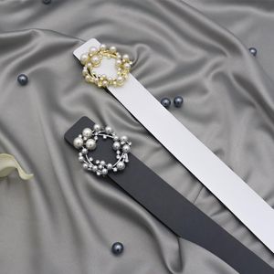 Belts Light Luxury Rhinestone Pearl Round Buckle Cowhide Belt Double-sided Leather Elegant Plain Decorative Trouser Gray