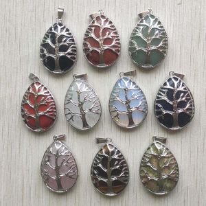 Pendant Necklaces Good Quality Mix Natural Stone Alloy Tree Of Life Water Drop Pendants For Men Women Jewelry Making Wholesale 10pcs/lotPend