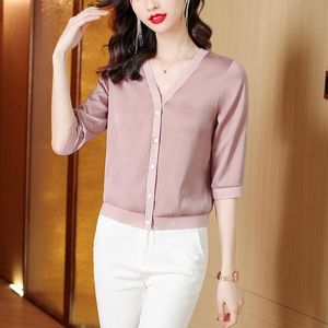 Women's T Shirts Office Lady Blouses For Work 2023 Summer Women Clothing Korean Fashion Acetate SATIN Casual Tops Three Quarter V-Neck