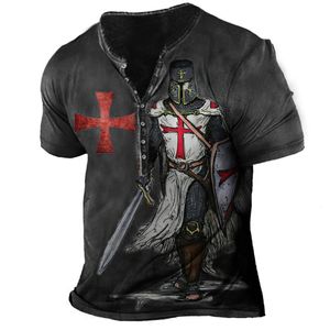 Men's T-Shirts Vintage Print T Shirts Knights Templar Summer Tees Cotton Button-Down V-Neck Loose Short Sleeve Samurai Pattern Tops 230217