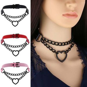 Choker Dark Punk Gothic 2 Layers Alloy Chain Heart Pendant Necklace Women Clavicle Collar Colier Brown PU Leather Jewelry