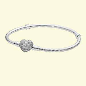 925 Sterling Silver New Fashion Women Bright Heart-shaped Snake Chain Bracelet, Compatible with Original Beads and Birthday Gifts