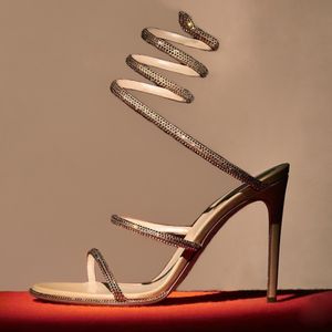 Rene Caovilla Rhinestones Cleo Renee Crystal Stiletto Stiletto Sandals 95 mm wąż Strass Róż Eningsandals kostki luksusowe buty do sukienki imprezowej