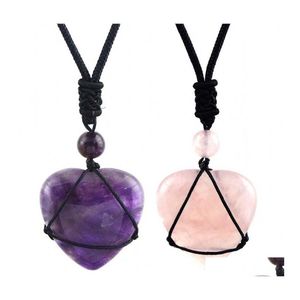Pendant Necklaces Natural Stone Rose Pink Crystal Amethysts Heart Shape Healing Quartz Reiki Rope Wrapped Necklace Drop Delivery Jew Dhe73