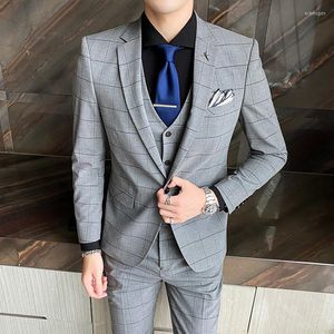 Herrenanzüge, hochwertig (Blazer, Weste, Hose), kariert, britischer Stil, Business, elegant, modisch, lässig, Party, Herren-Dressing, dreiteiliges Set