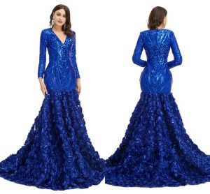 Lång vintage ärm Bury Royal Blue Prom Dresses Sexig Mermaid V Neck Ruched Spets Flowers Aftonklänningar Formella OCN Vestidos BM3305 Estidos Estidos Estidos